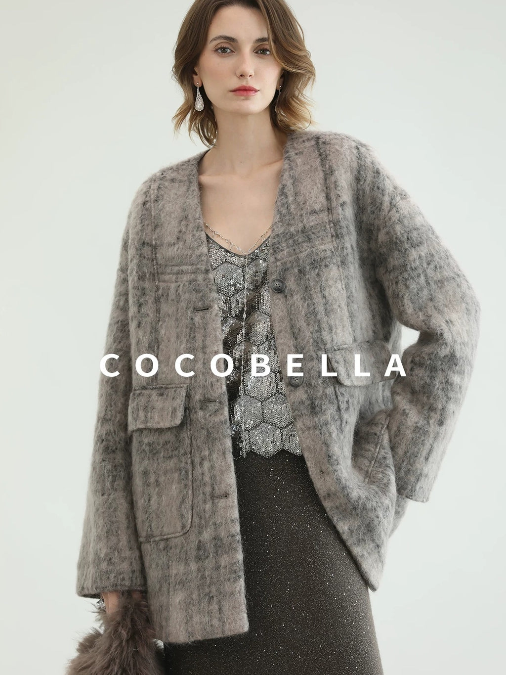 COCOBELLA Wool Blend Vintage Straight Mid Length Women Single Breasted Plaid Coats