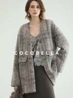 COCOBELLA Wool Blend Vintage Straight Mid Length Women Single Breasted Plaid Coats