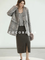 COCOBELLA Wool Blend Vintage Straight Mid Length Women Single Breasted Plaid Coats
