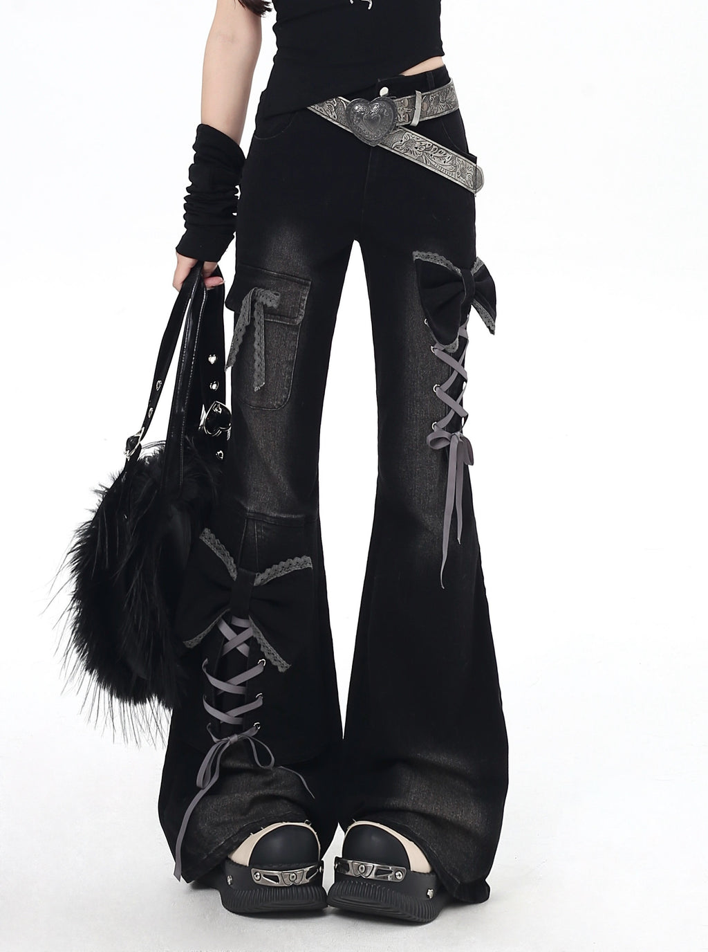 CRAZYGIRL_3d_Bow_Tie_Button_Fly_High_Waist_Slim_Women's_Black_Denim_Flare_Jeans_983262389089_MISSTT