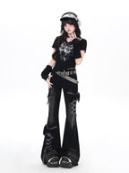 CRAZYGIRL 3d Bow Tie Button Fly High Waist Slim Women's Black Denim Flare Jeans