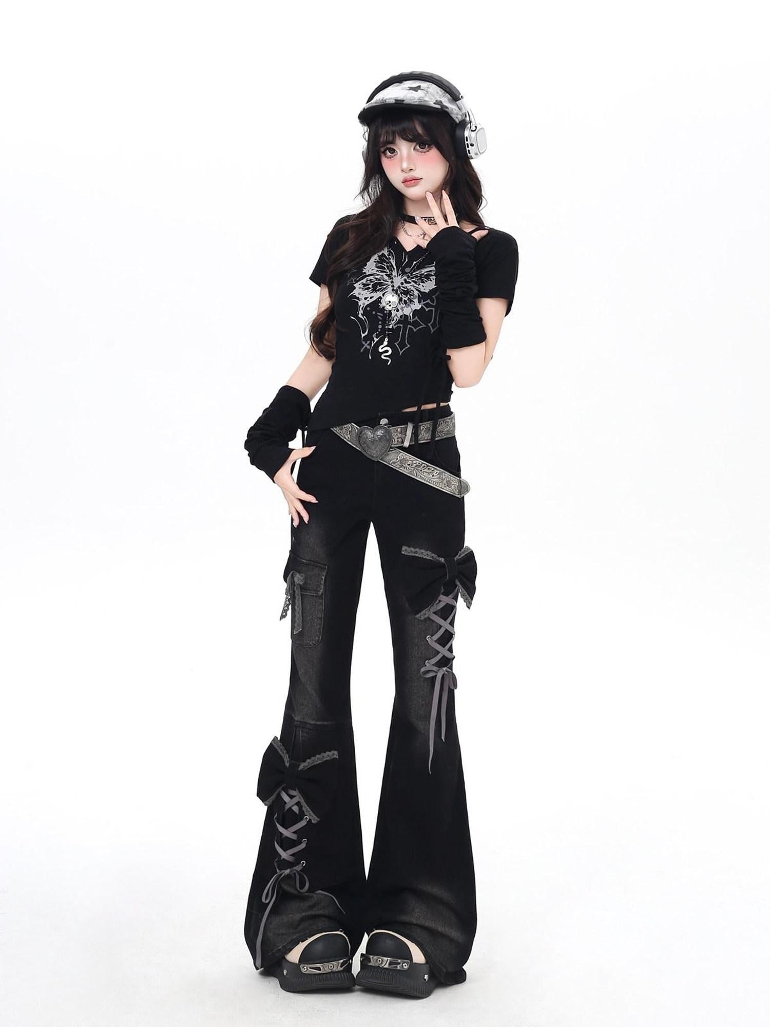 CRAZYGIRL 3d Bow Tie Button Fly High Waist Slim Women's Black Denim Flare Jeans