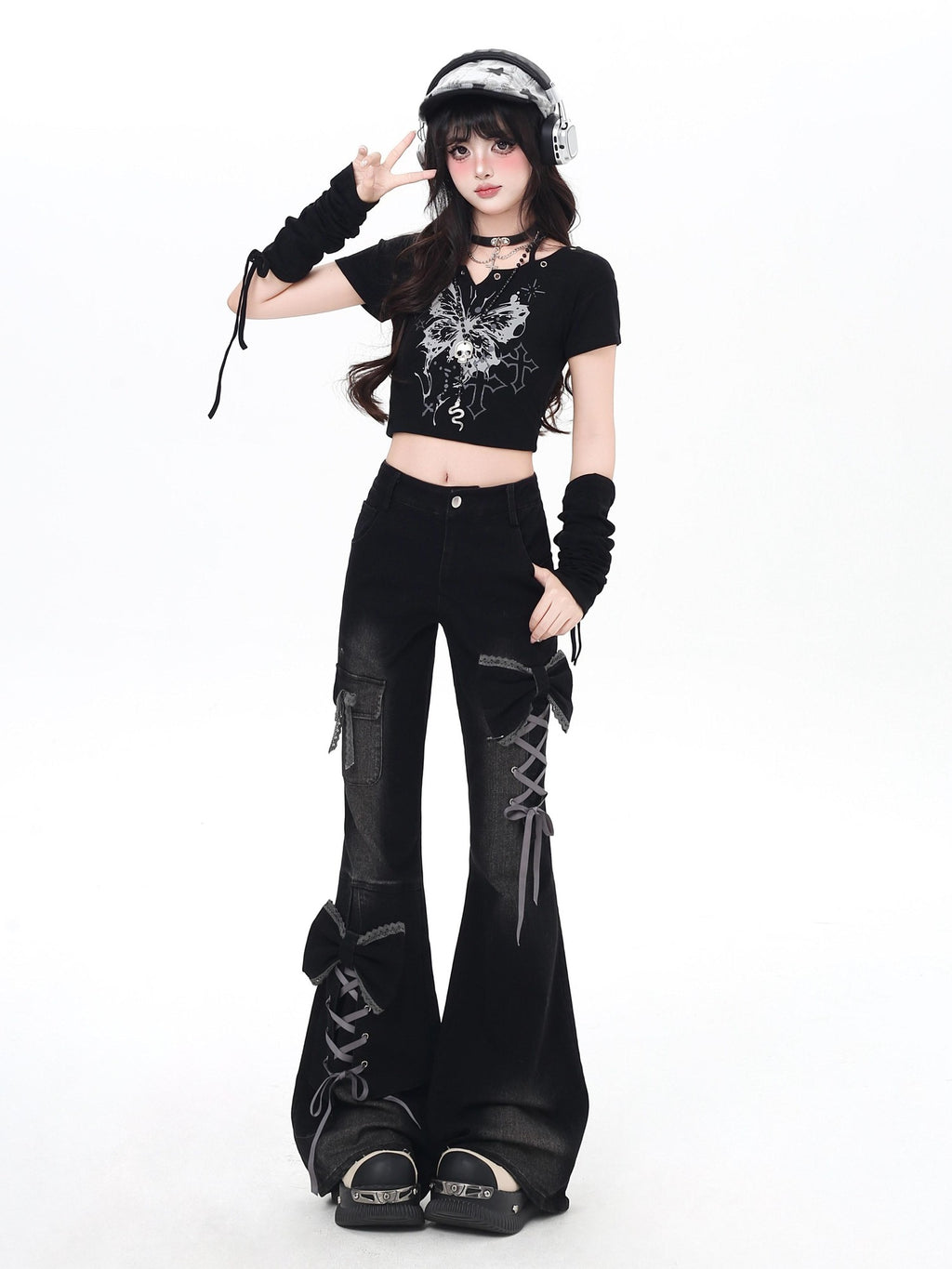 CRAZYGIRL 3d Bow Tie Button Fly High Waist Slim Women's Black Denim Flare Jeans