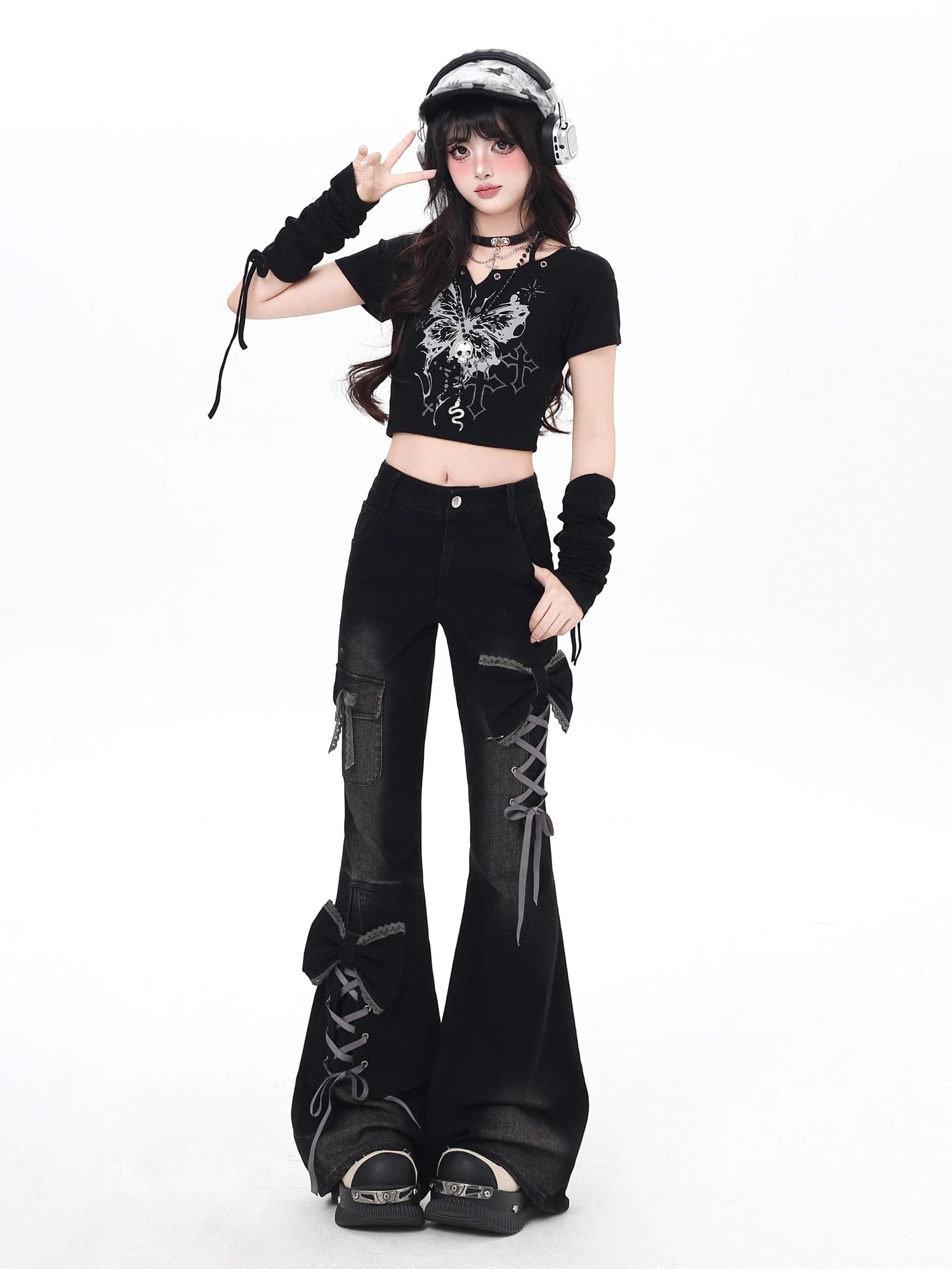 CRAZYGIRL 3d Bow Tie Button Fly High Waist Slim Women's Black Denim Flare Jeans