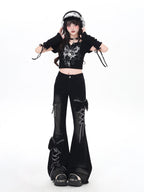 CRAZYGIRL 3d Bow Tie Button Fly High Waist Slim Women's Black Denim Flare Jeans