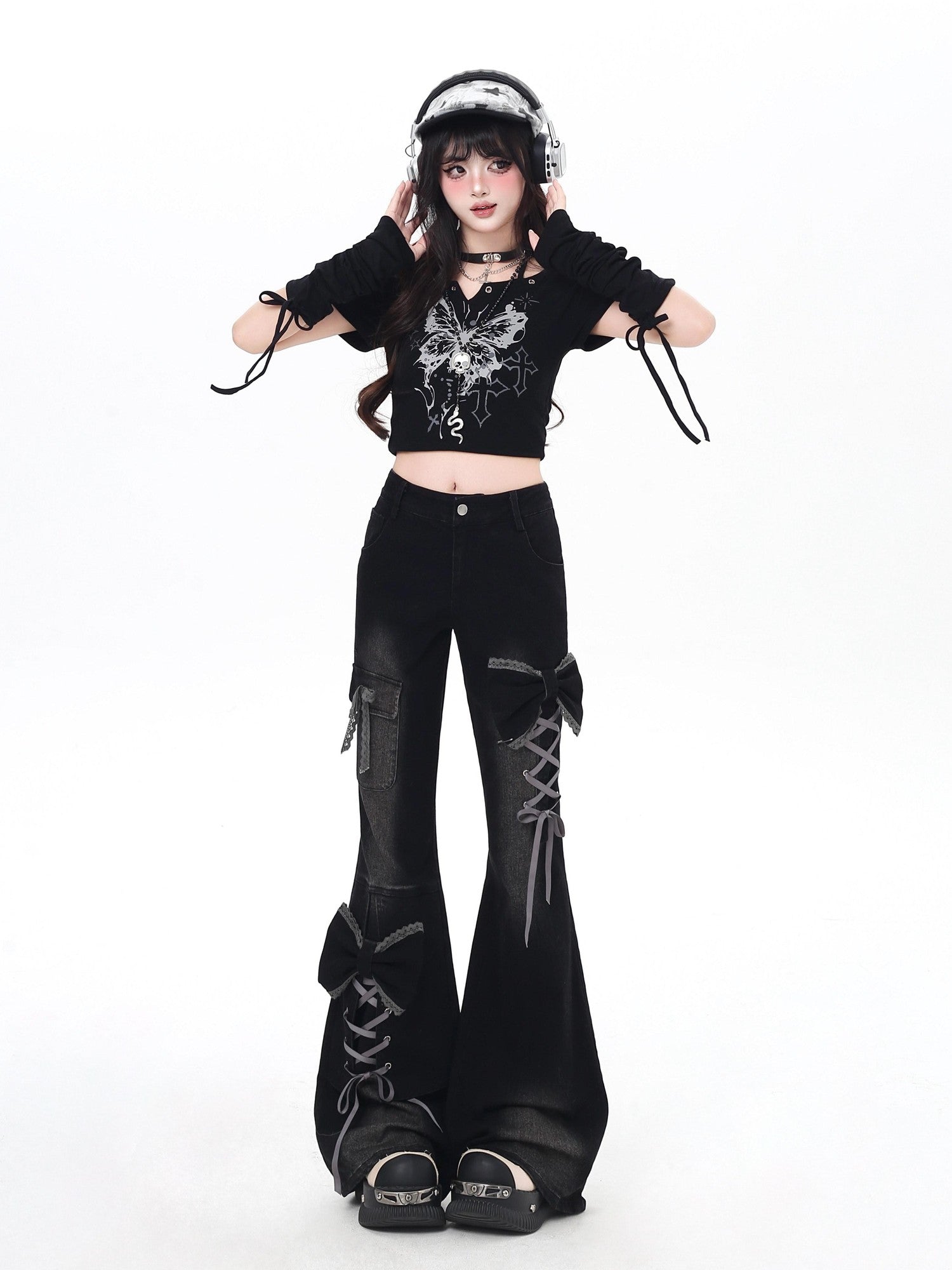CRAZYGIRL 3d Bow Tie Button Fly High Waist Slim Women's Black Denim Flare Jeans