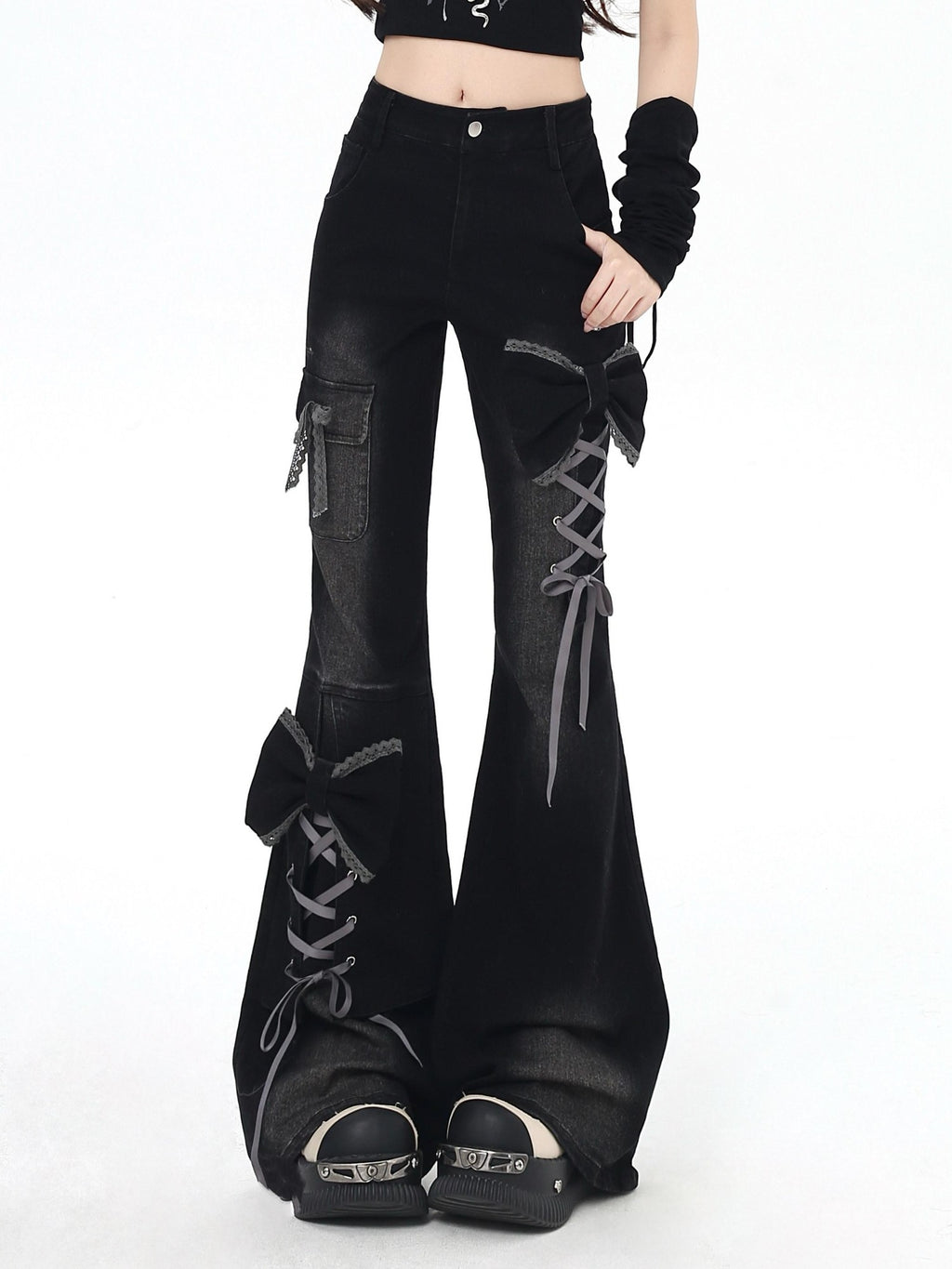CRAZYGIRL 3d Bow Tie Button Fly High Waist Slim Women's Black Denim Flare Jeans