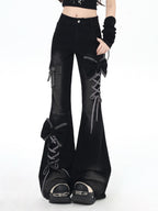 CRAZYGIRL 3d Bow Tie Button Fly High Waist Slim Women's Black Denim Flare Jeans