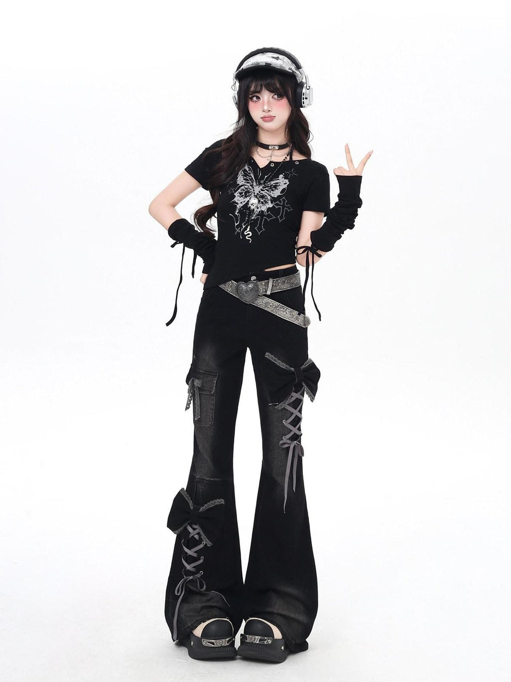 CRAZYGIRL 3d Bow Tie Button Fly High Waist Slim Women's Black Denim Flare Jeans
