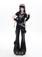 CRAZYGIRL 3d Bow Tie Button Fly High Waist Slim Women's Black Denim Flare Jeans