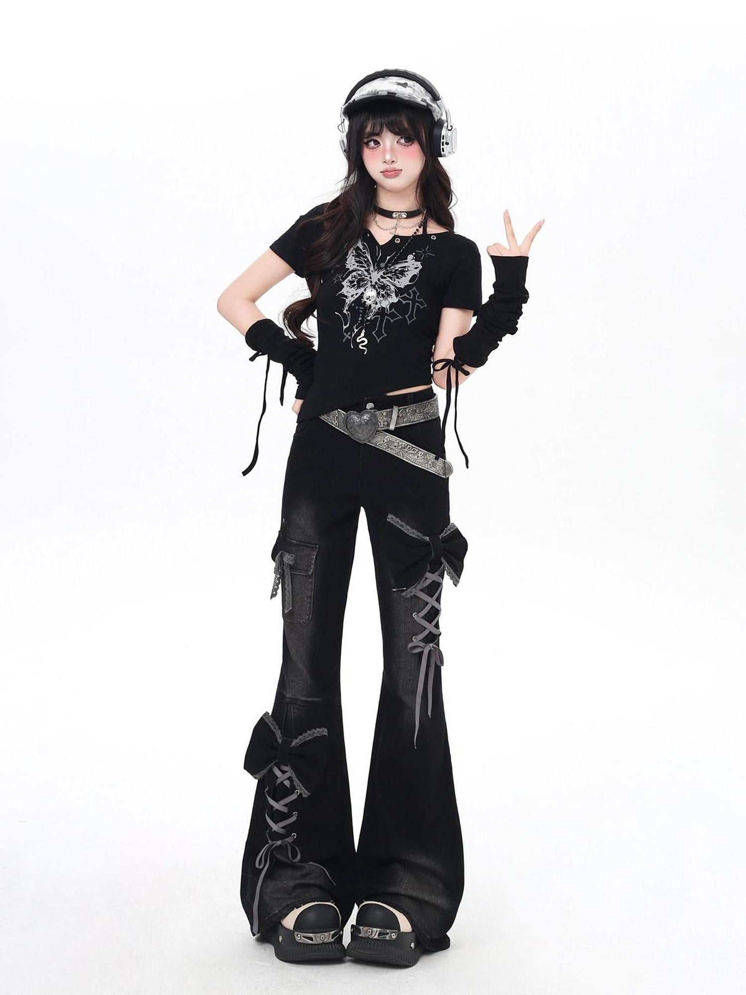 CRAZYGIRL 3d Bow Tie Button Fly High Waist Slim Women's Black Denim Flare Jeans