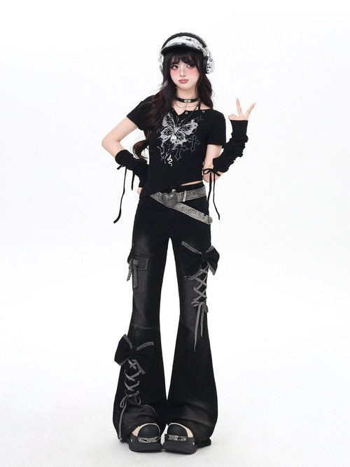 CRAZYGIRL 3d Bow Tie Button Fly High Waist Slim Women's Black Denim Flare Jeans