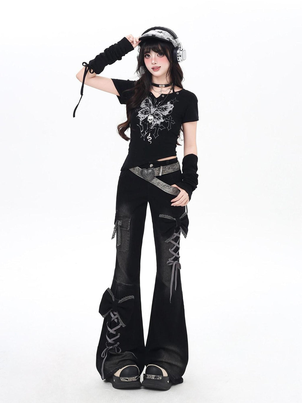 CRAZYGIRL 3d Bow Tie Button Fly High Waist Slim Women's Black Denim Flare Jeans