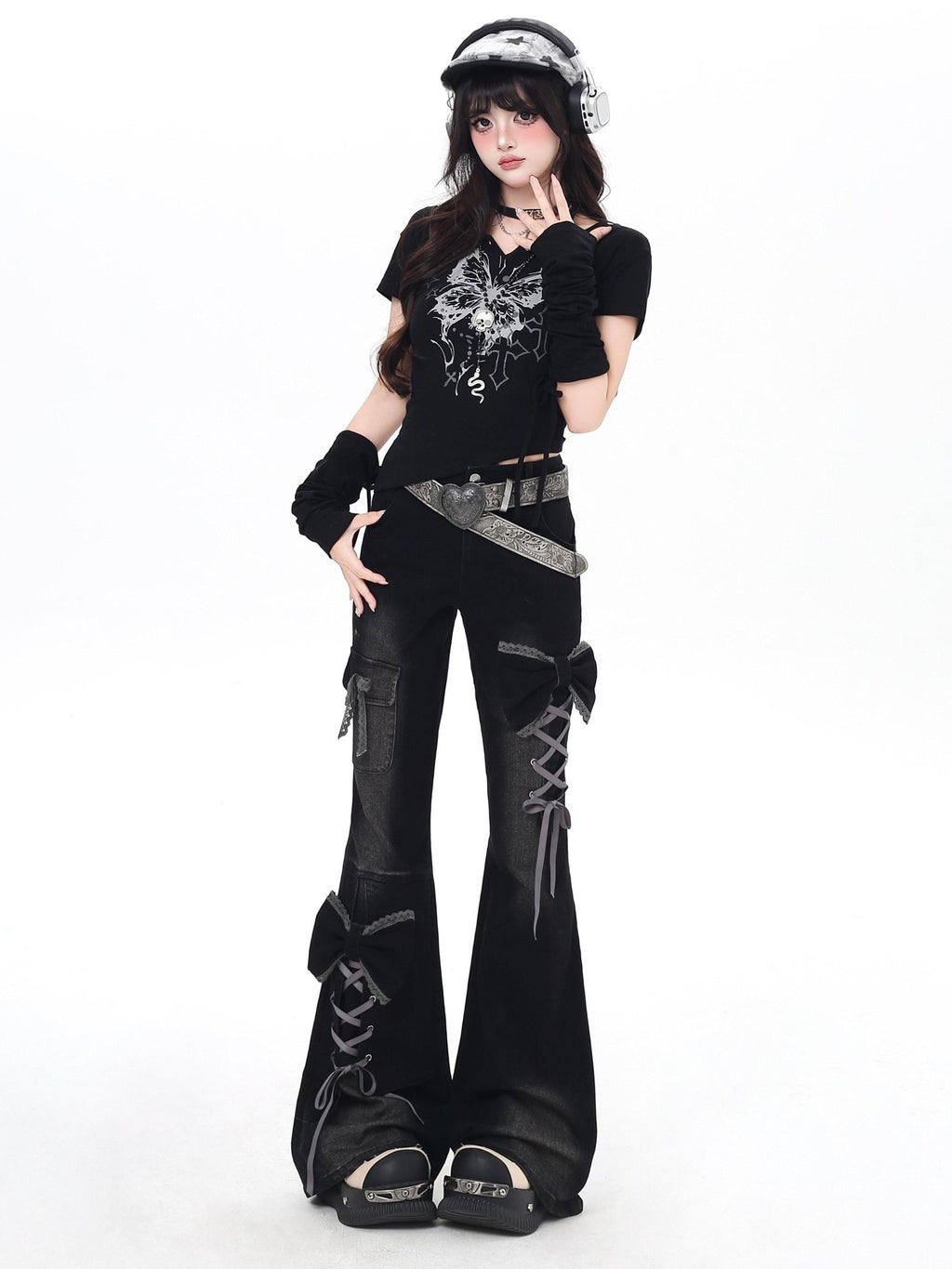 CRAZYGIRL 3d Bow Tie Button Fly High Waist Slim Women's Black Denim Flare Jeans