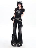 CRAZYGIRL 3d Bow Tie Button Fly High Waist Slim Women's Black Denim Flare Jeans