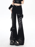 CRAZYGIRL 3d Bow Tie Button Fly High Waist Slim Women's Black Denim Flare Jeans