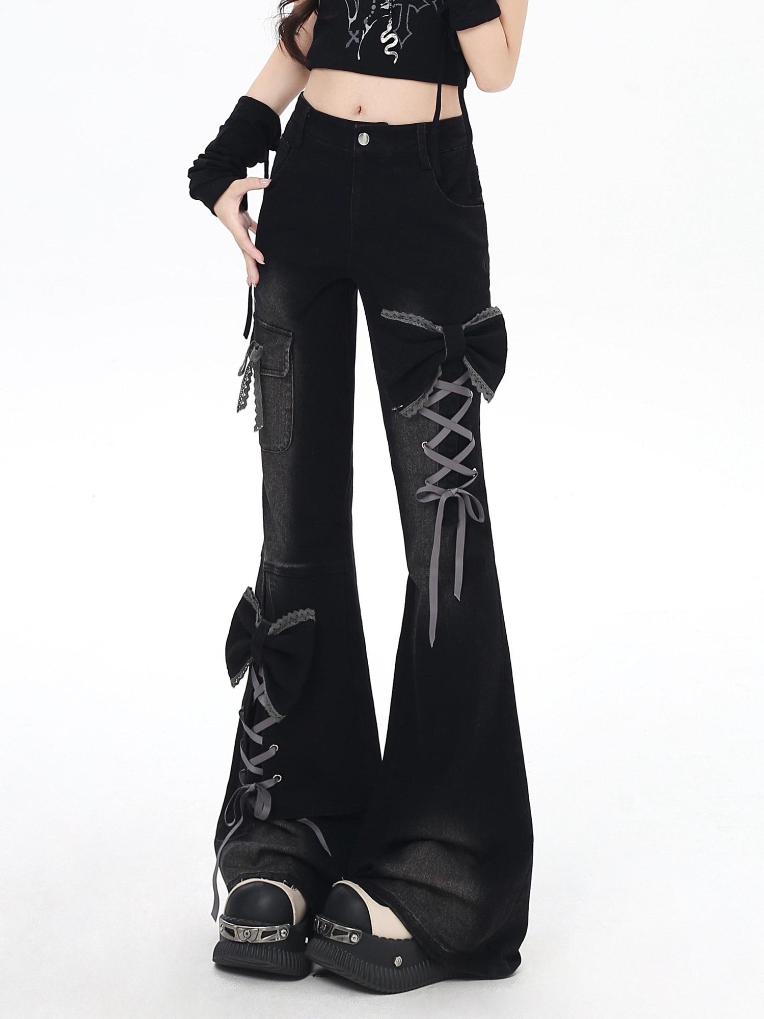 CRAZYGIRL 3d Bow Tie Button Fly High Waist Slim Women's Black Denim Flare Jeans