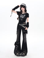CRAZYGIRL 3d Bow Tie Button Fly High Waist Slim Women's Black Denim Flare Jeans