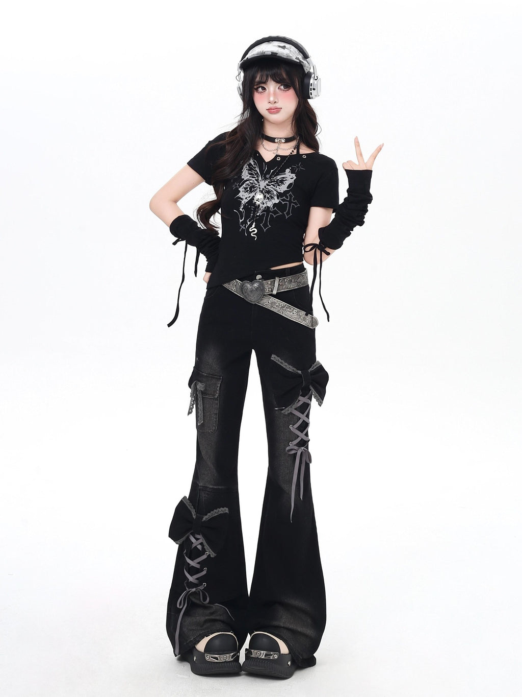 CRAZYGIRL 3d Bow Tie Button Fly High Waist Slim Women's Black Denim Flare Jeans