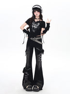 CRAZYGIRL 3d Bow Tie Button Fly High Waist Slim Women's Black Denim Flare Jeans