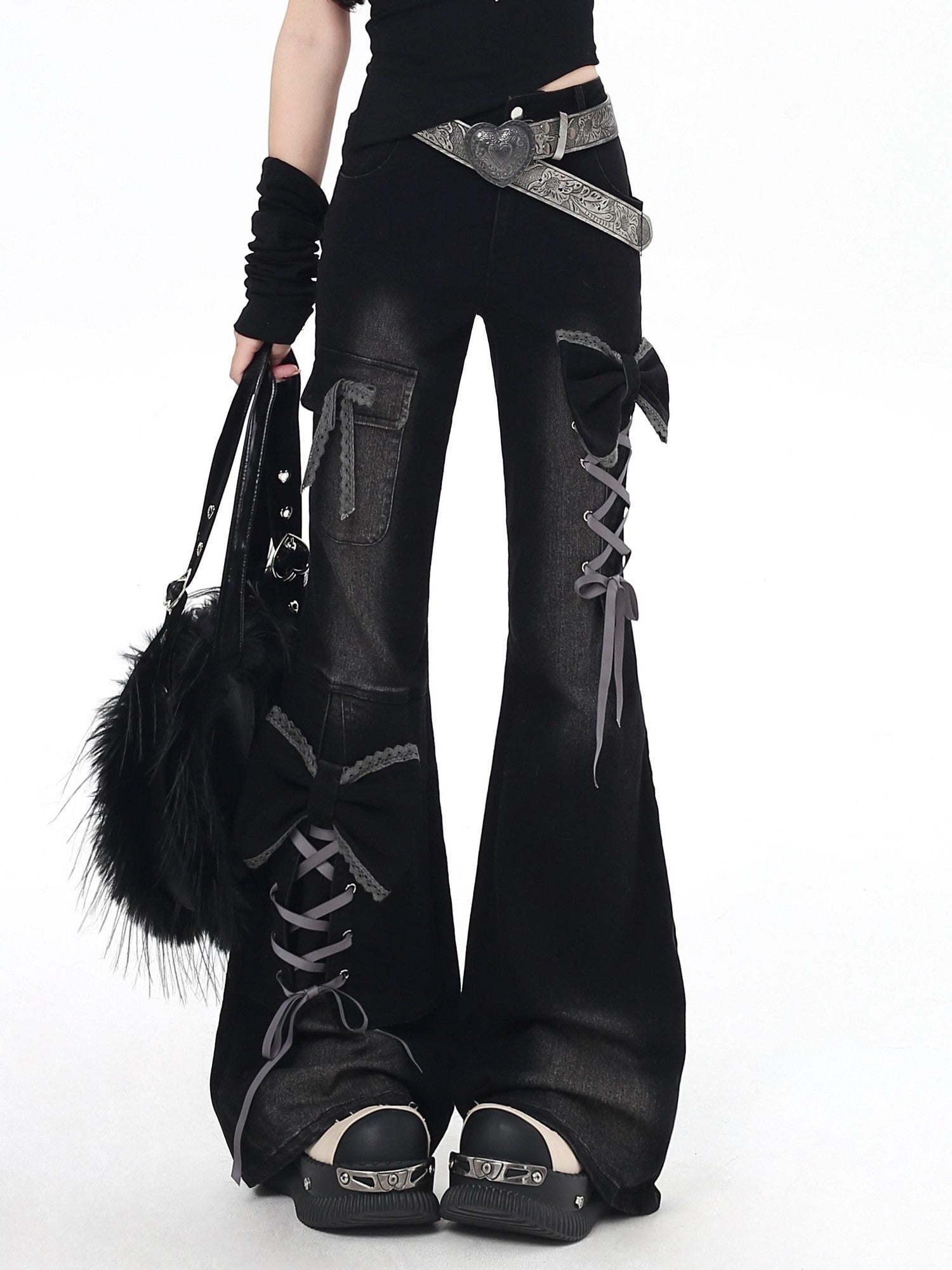CRAZYGIRL 3d Bow Tie Button Fly High Waist Slim Women's Black Denim Flare Jeans