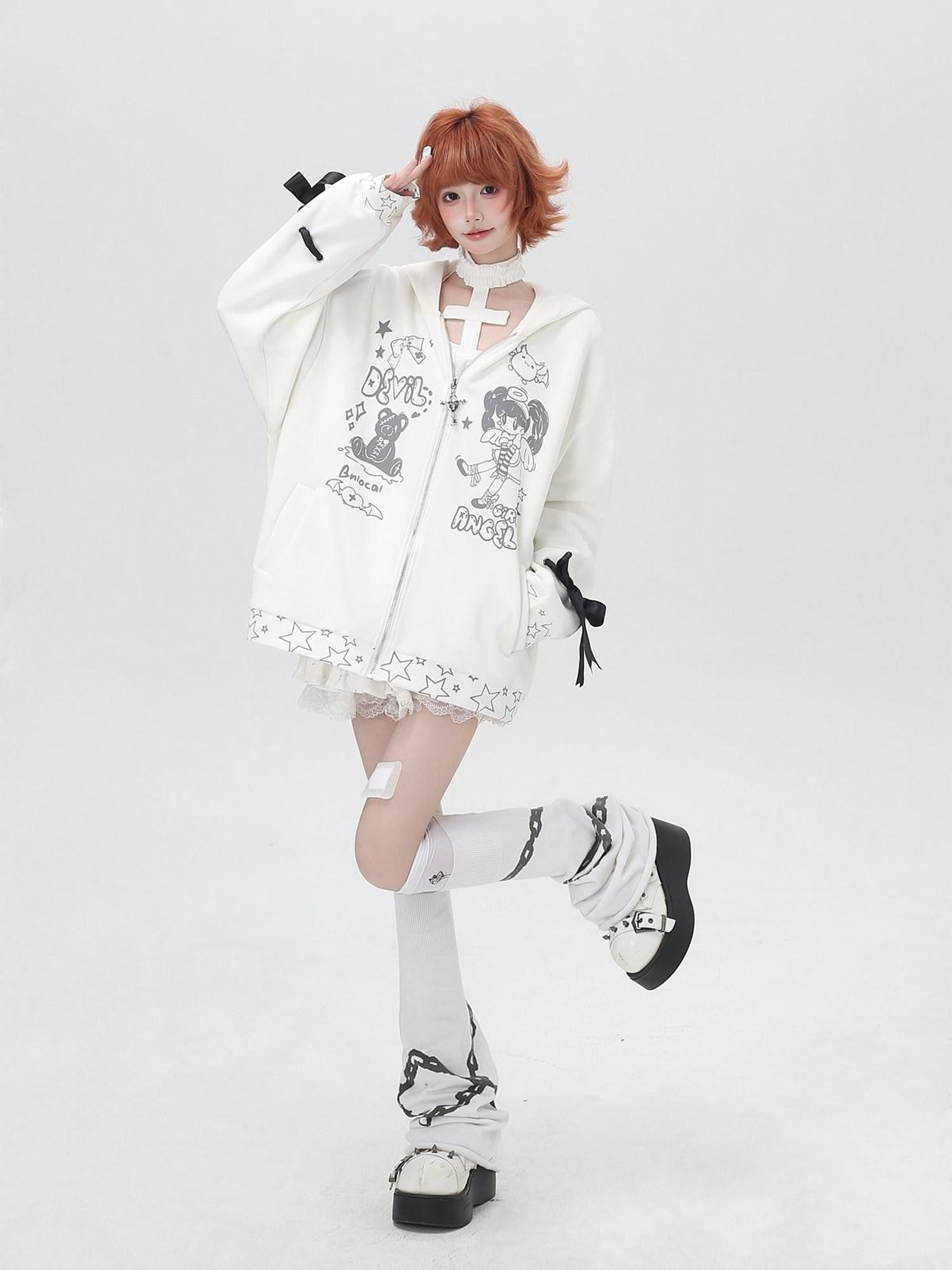 CRAZYGIRL 3d Wings Lace Up Zippered Oversized Mid Length Long Sleeve Women's Hoodies