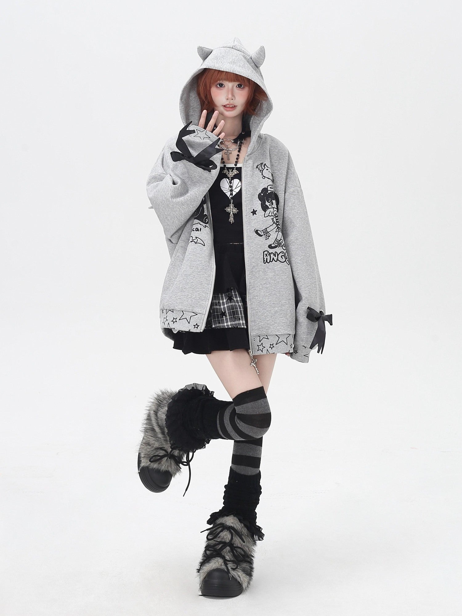 CRAZYGIRL 3d Wings Lace Up Zippered Oversized Mid Length Long Sleeve Women's Hoodies