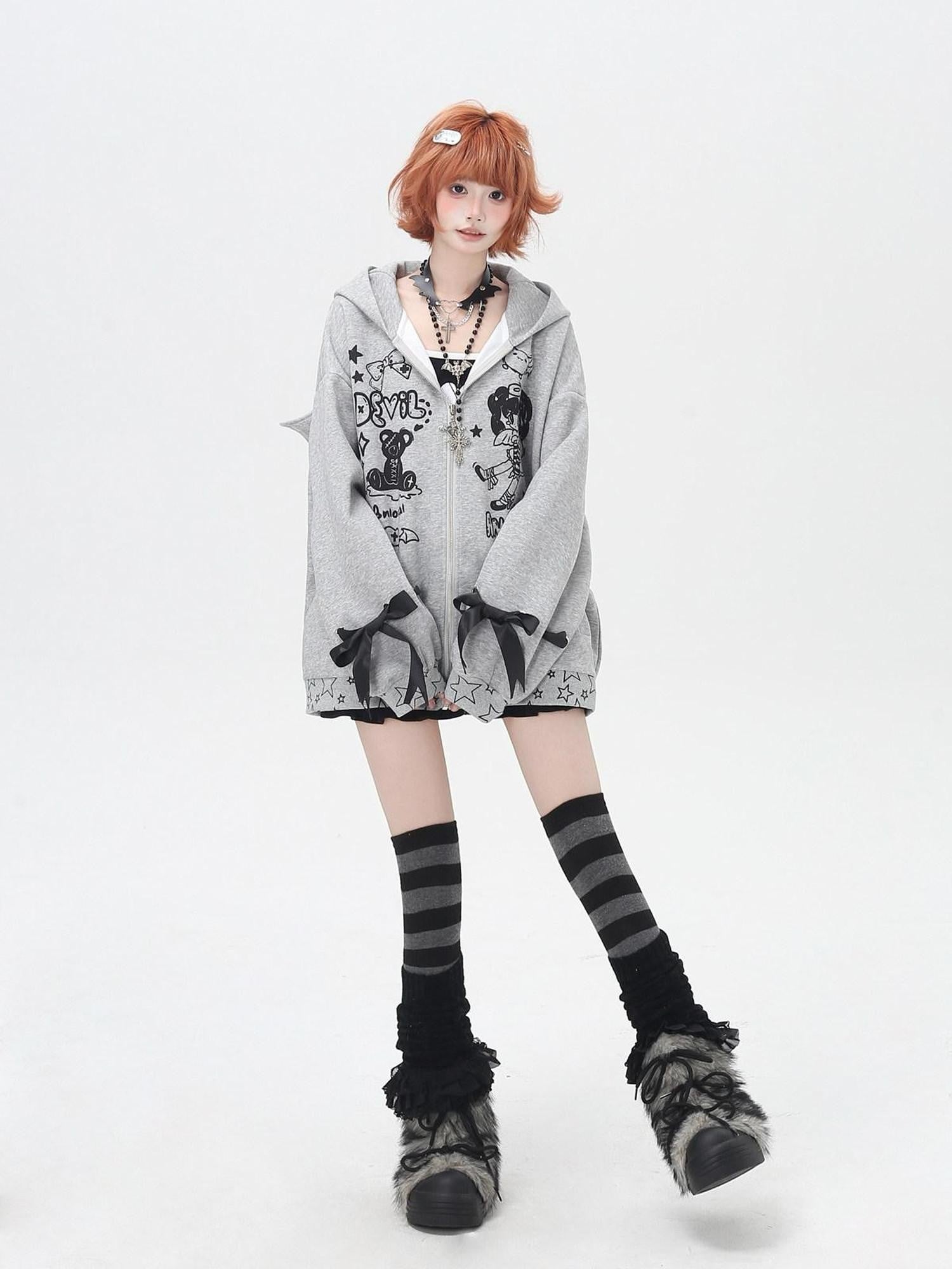 CRAZYGIRL 3d Wings Lace Up Zippered Oversized Mid Length Long Sleeve Women's Hoodies