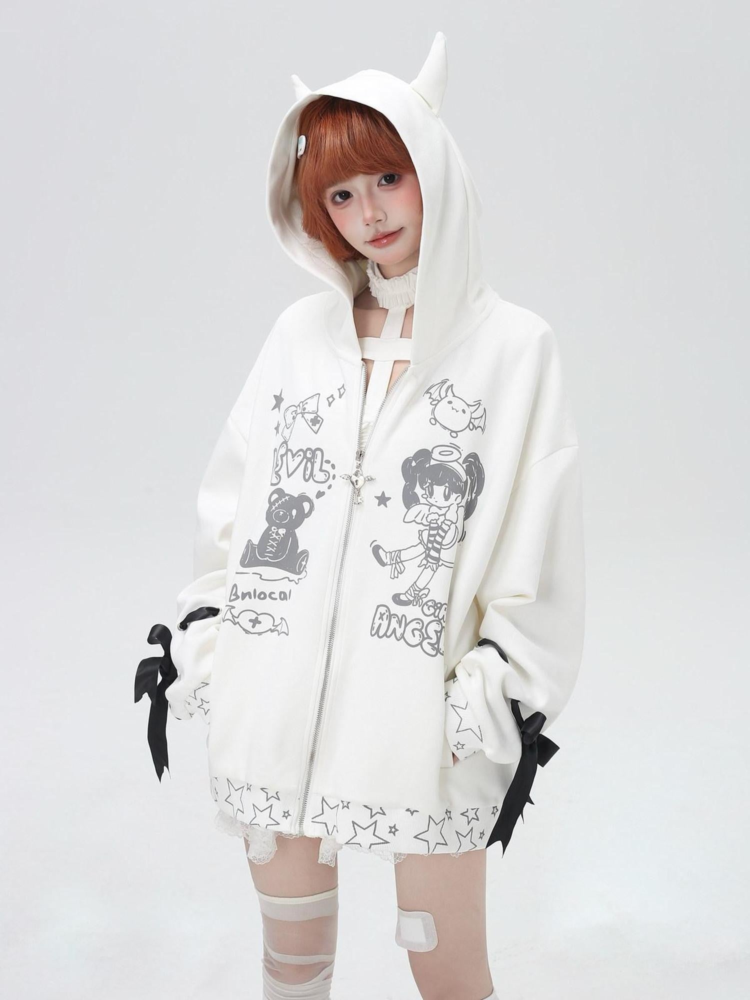 CRAZYGIRL 3d Wings Lace Up Zippered Oversized Mid Length Long Sleeve Women's Hoodies