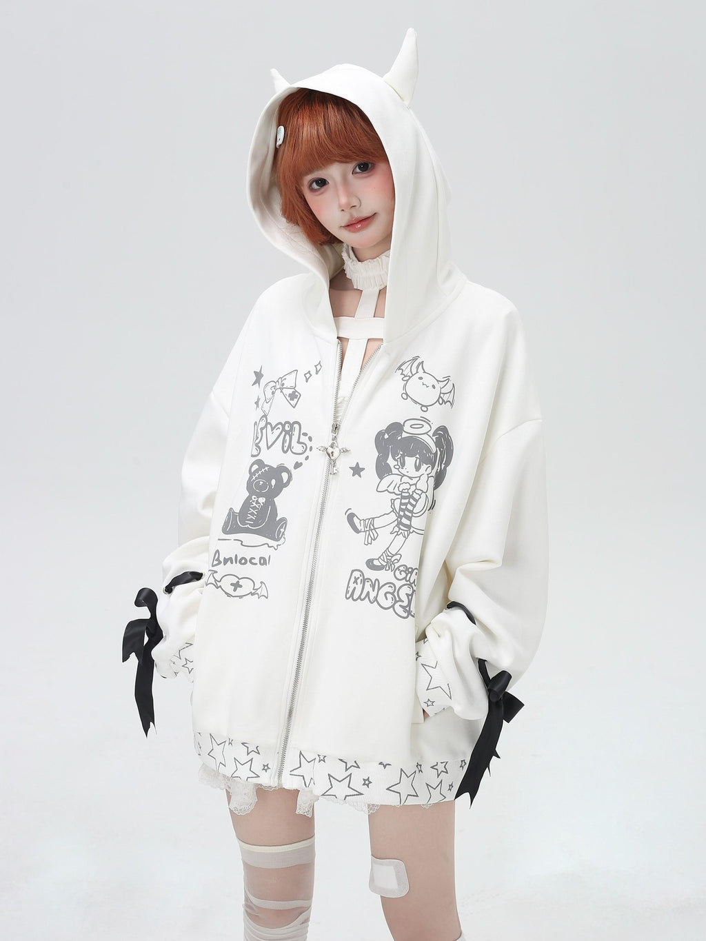 CRAZYGIRL 3d Wings Lace Up Zippered Oversized Mid Length Long Sleeve Women's Hoodies