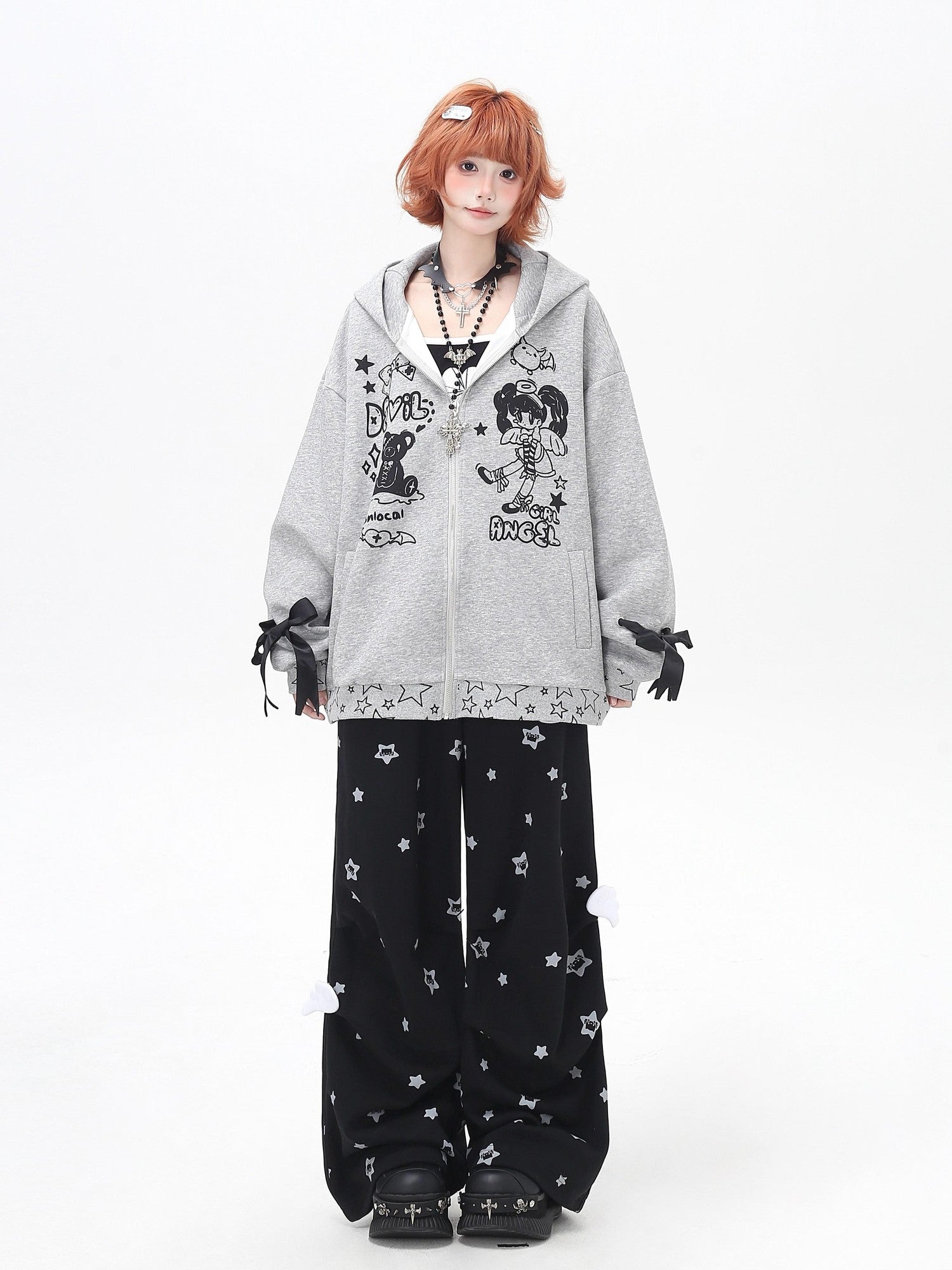 CRAZYGIRL 3d Wings Lace Up Zippered Oversized Mid Length Long Sleeve Women's Hoodies