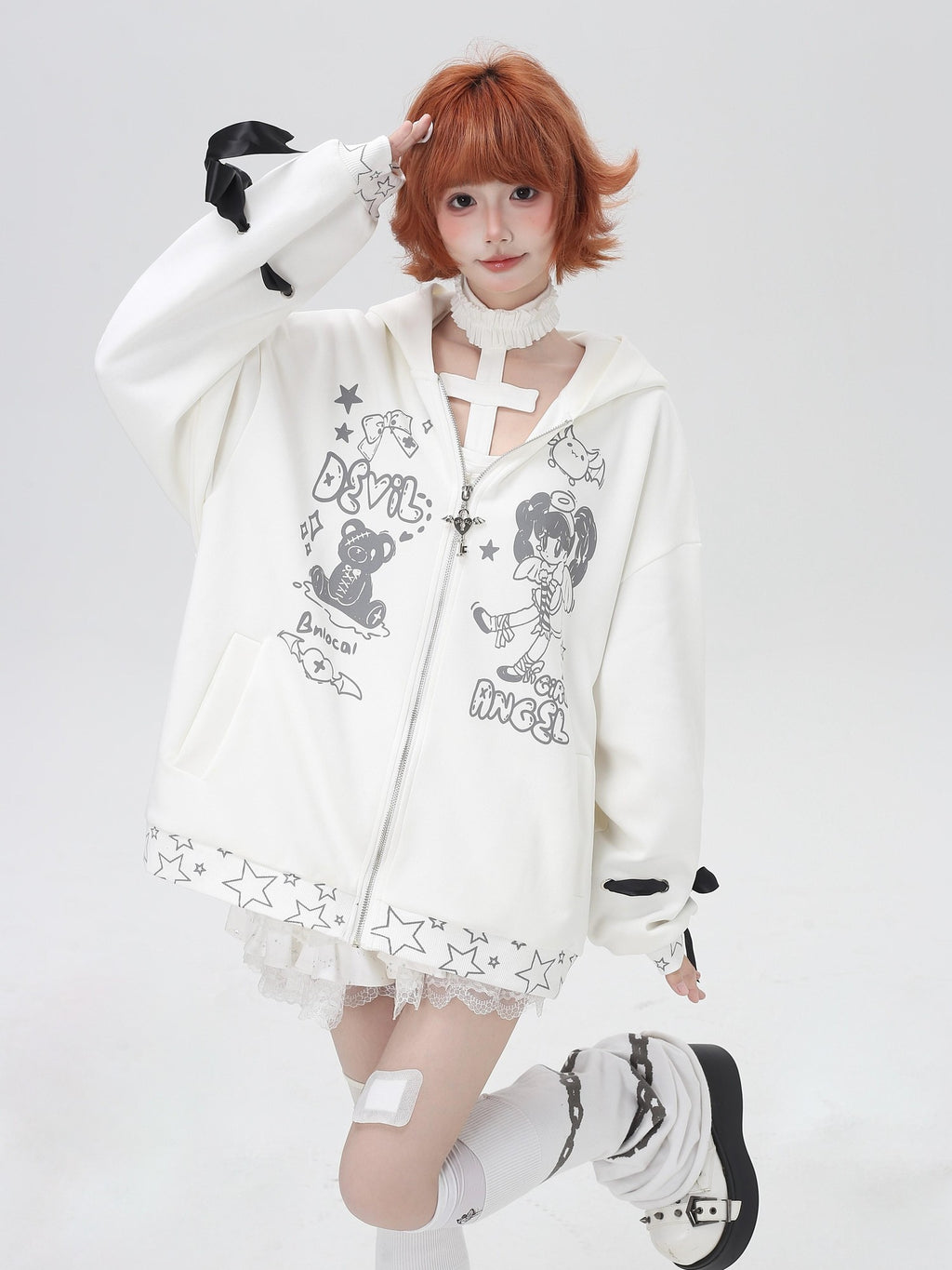 CRAZYGIRL 3d Wings Lace Up Zippered Oversized Mid Length Long Sleeve Women's Hoodies