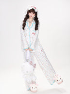 CRAZYGIRL Allover Rabbit Print Loose Button Collar Women's Skinfriendly Top & Pants Sets
