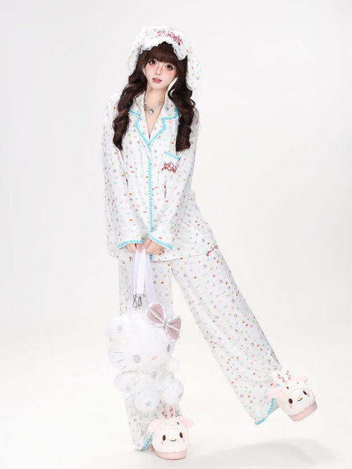 CRAZYGIRL Allover Rabbit Print Loose Button Collar Women's Skinfriendly Top & Pants Sets