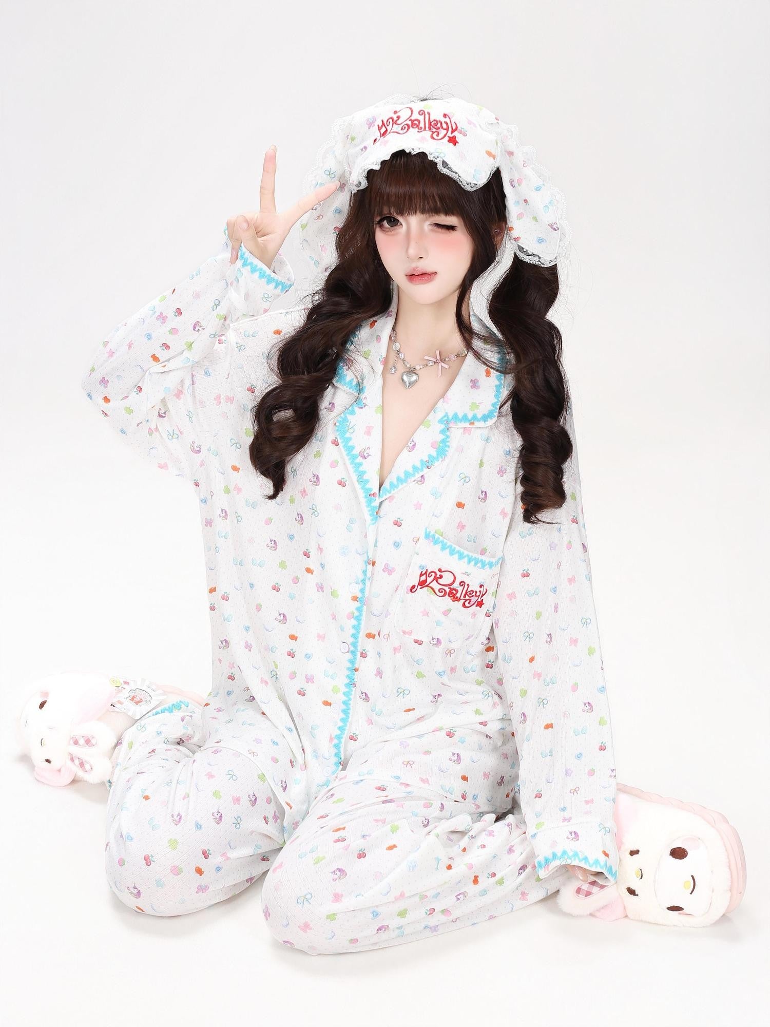 CRAZYGIRL Allover Rabbit Print Loose Button Collar Women's Skinfriendly Top & Pants Sets