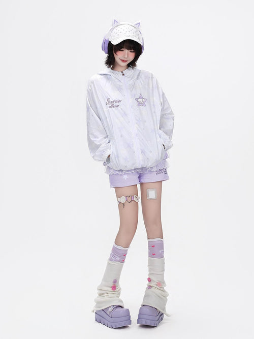CRAZYGIRL Allover Star Print Hooded Loose Women's Uv Protection Lightweight Jackets