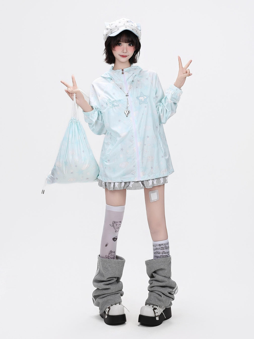 CRAZYGIRL Allover Star Print Hooded Loose Women's Uv Protection Lightweight Jackets