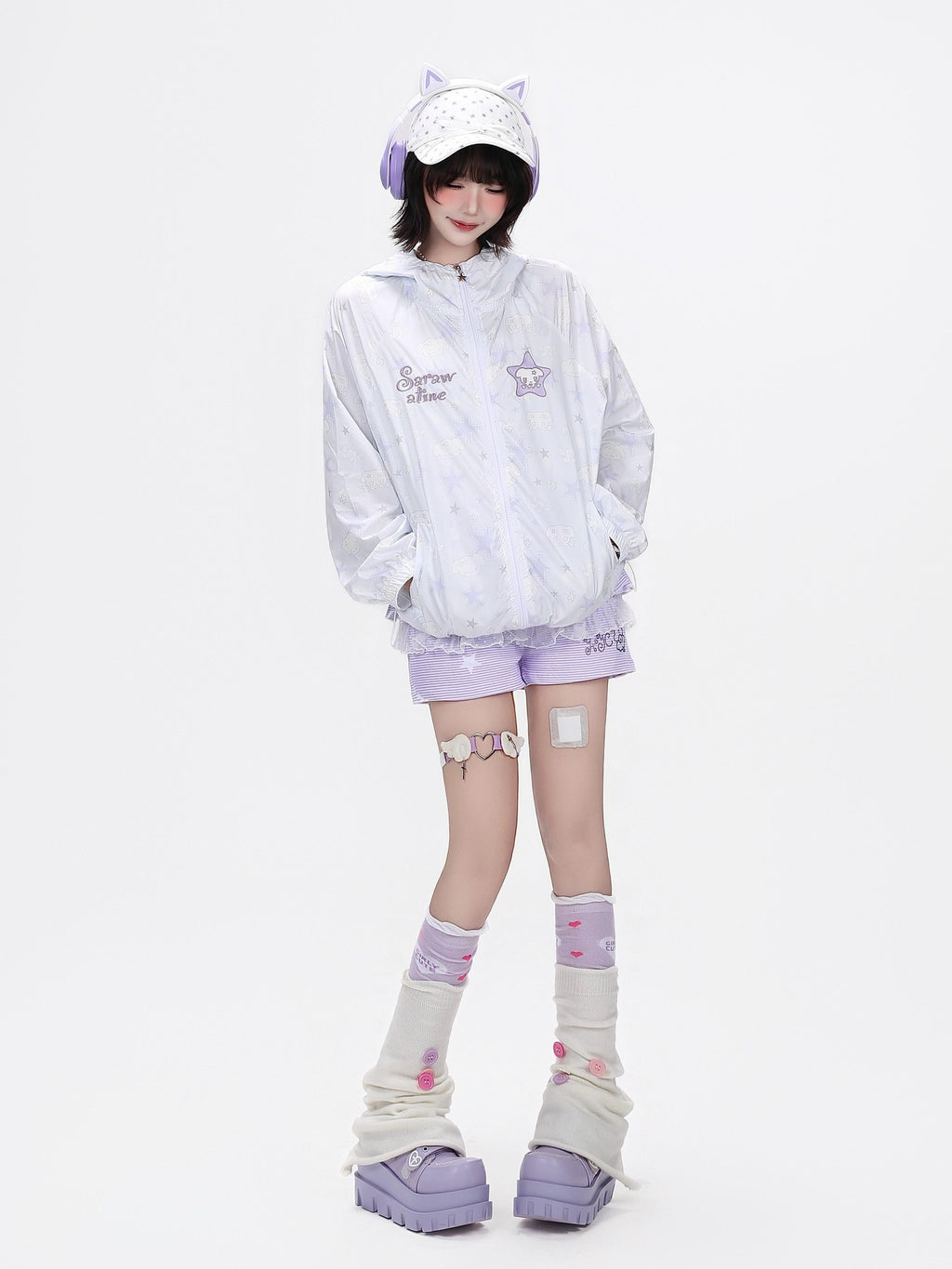 CRAZYGIRL Allover Star Print Hooded Loose Women's Uv Protection Lightweight Jackets