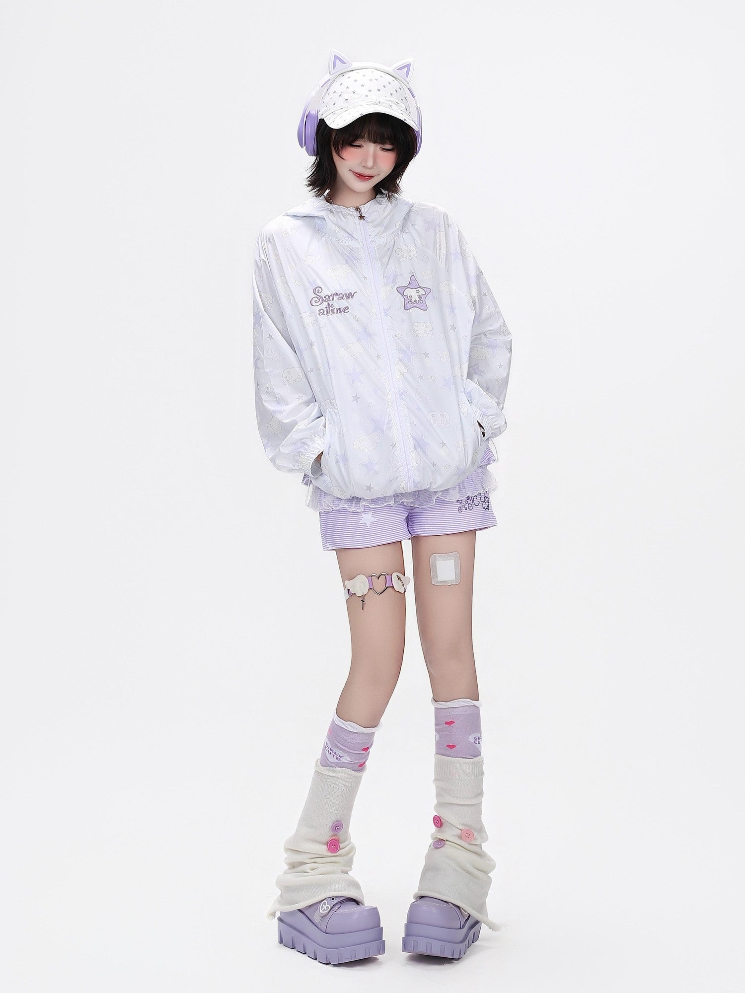 CRAZYGIRL Allover Star Print Hooded Loose Women's Uv Protection Lightweight Jackets