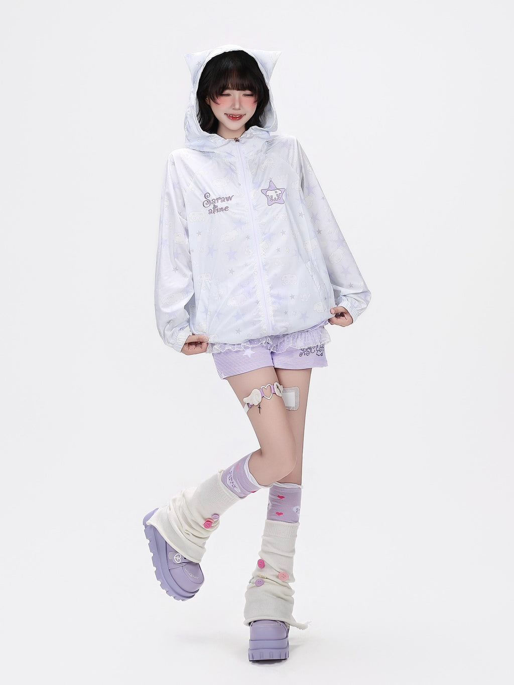 CRAZYGIRL Allover Star Print Hooded Loose Women's Uv Protection Lightweight Jackets