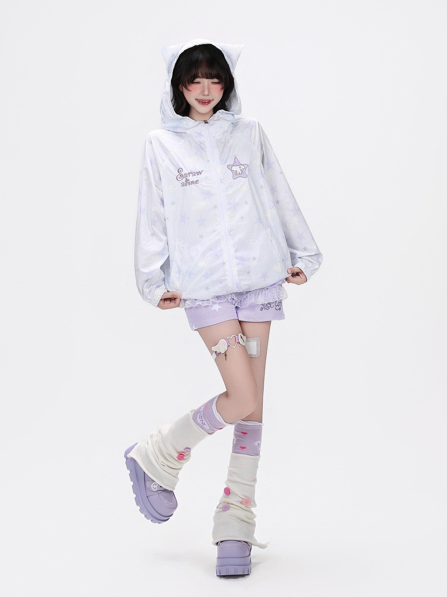 CRAZYGIRL Allover Star Print Hooded Loose Women's Uv Protection Lightweight Jackets