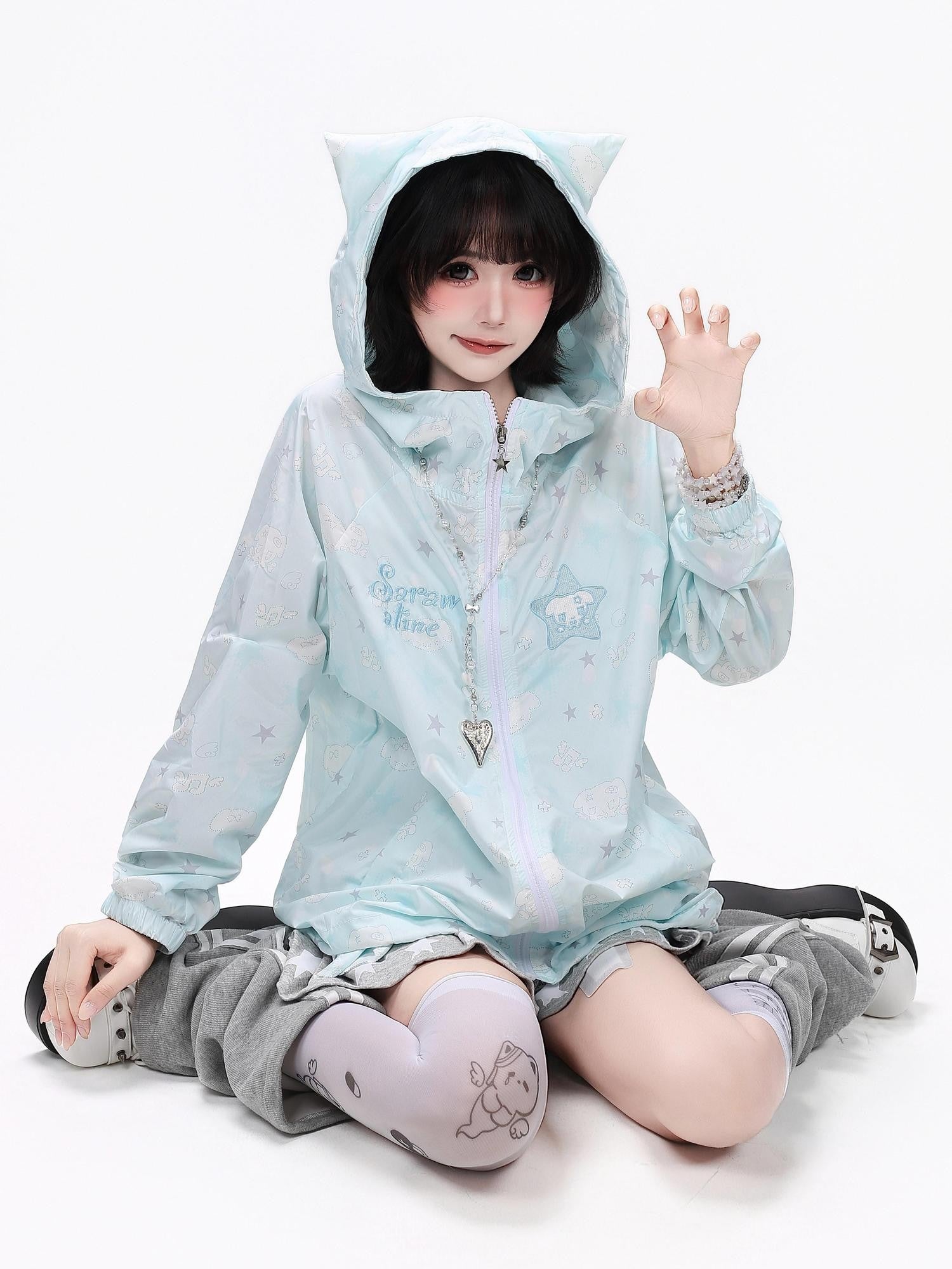 CRAZYGIRL Allover Star Print Hooded Loose Women's Uv Protection Lightweight Jackets