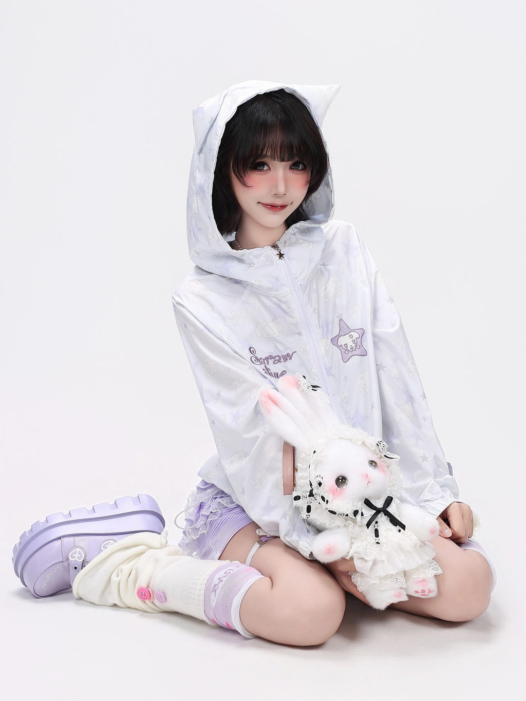 CRAZYGIRL Allover Star Print Hooded Loose Women's Uv Protection Lightweight Jackets