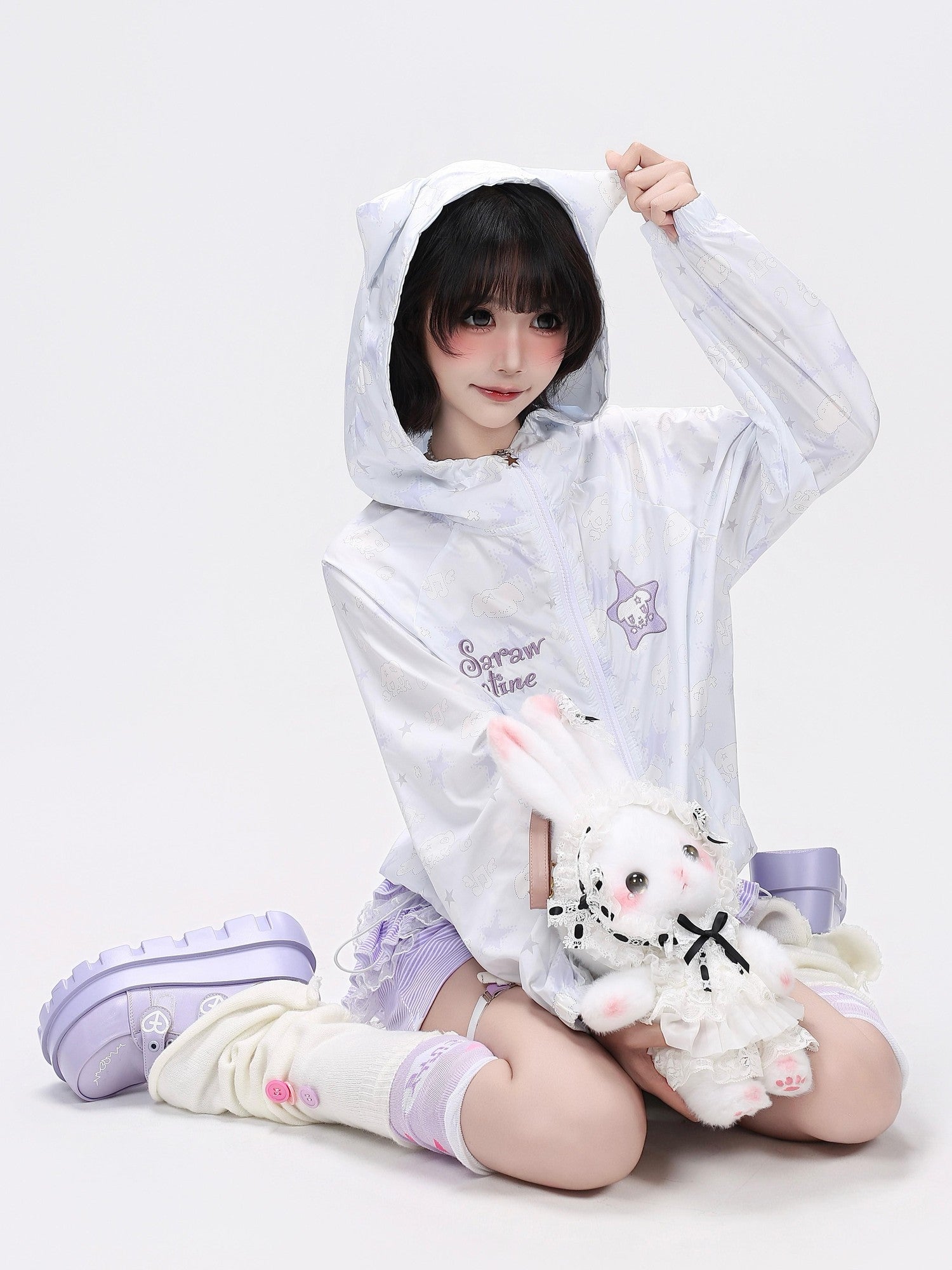 CRAZYGIRL Allover Star Print Hooded Loose Women's Uv Protection Lightweight Jackets