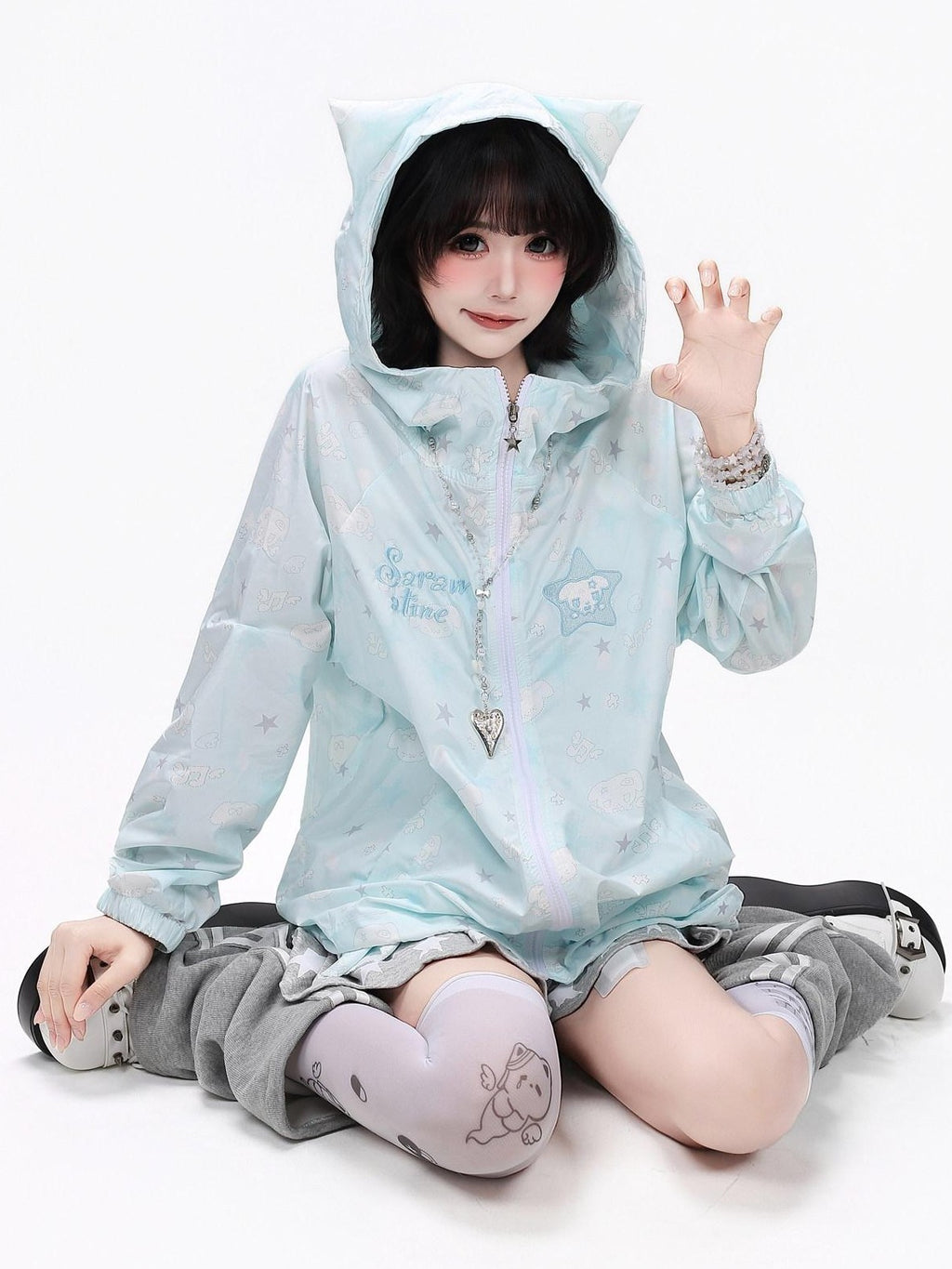 CRAZYGIRL Allover Star Print Hooded Loose Women's Uv Protection Lightweight Jackets