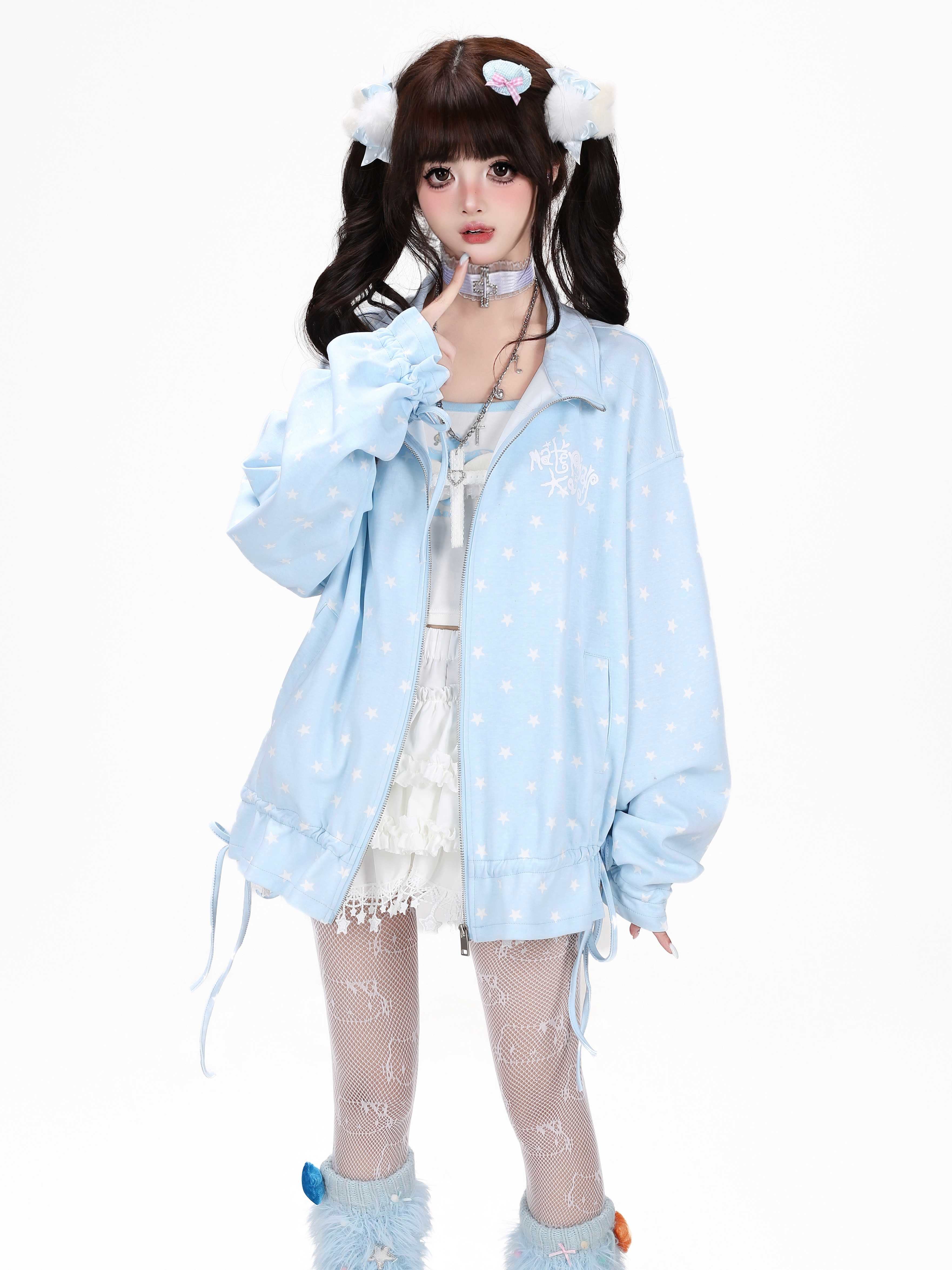 CRAZYGIRL_Allover_Star_Print_Stand_Collar_Zipper_Drawstring_Loose_Women's_Hoodies_1067789130377_MISSTT