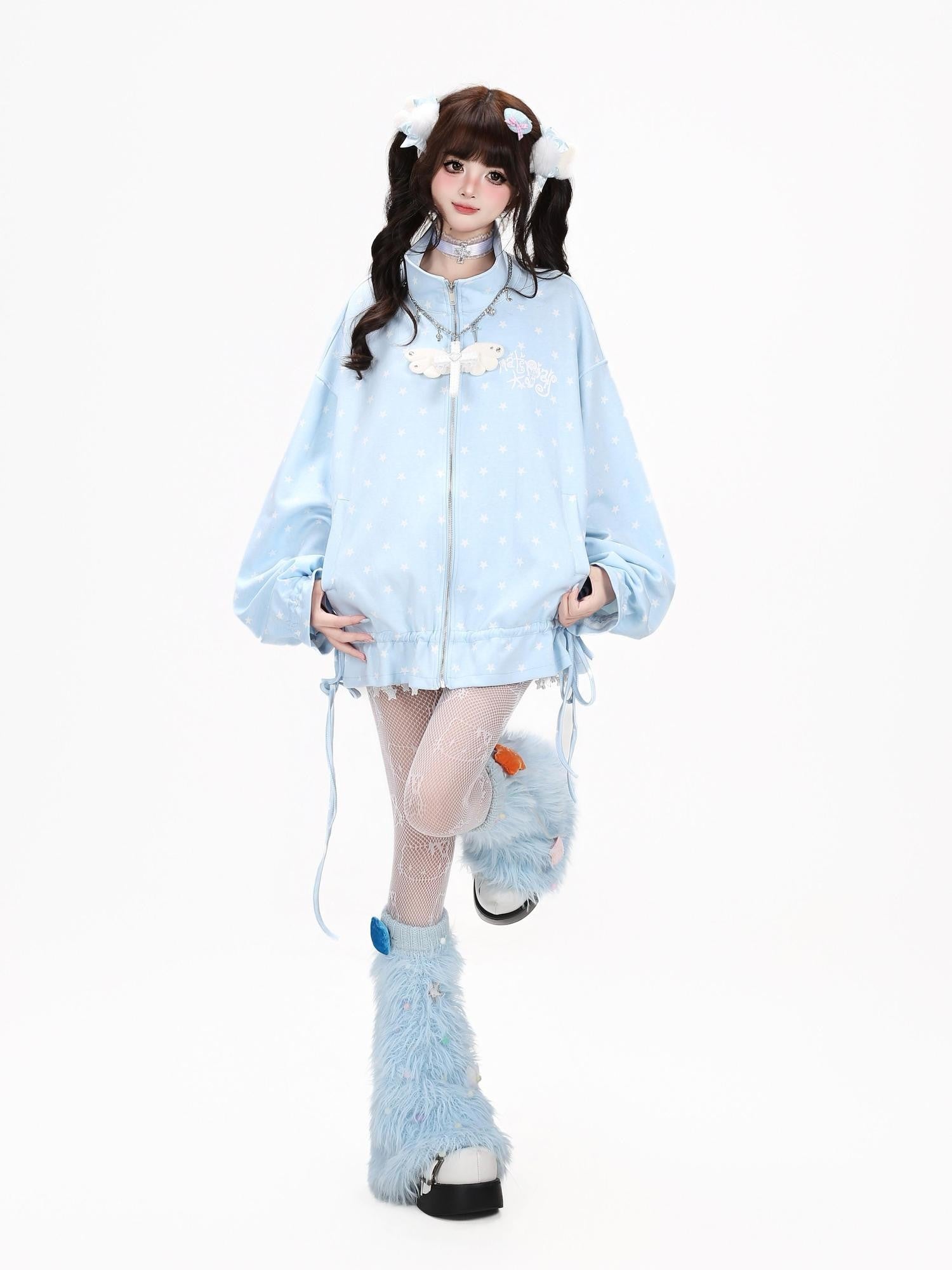 CRAZYGIRL Allover Star Print Stand Collar Zipper Drawstring Loose Women's Hoodies