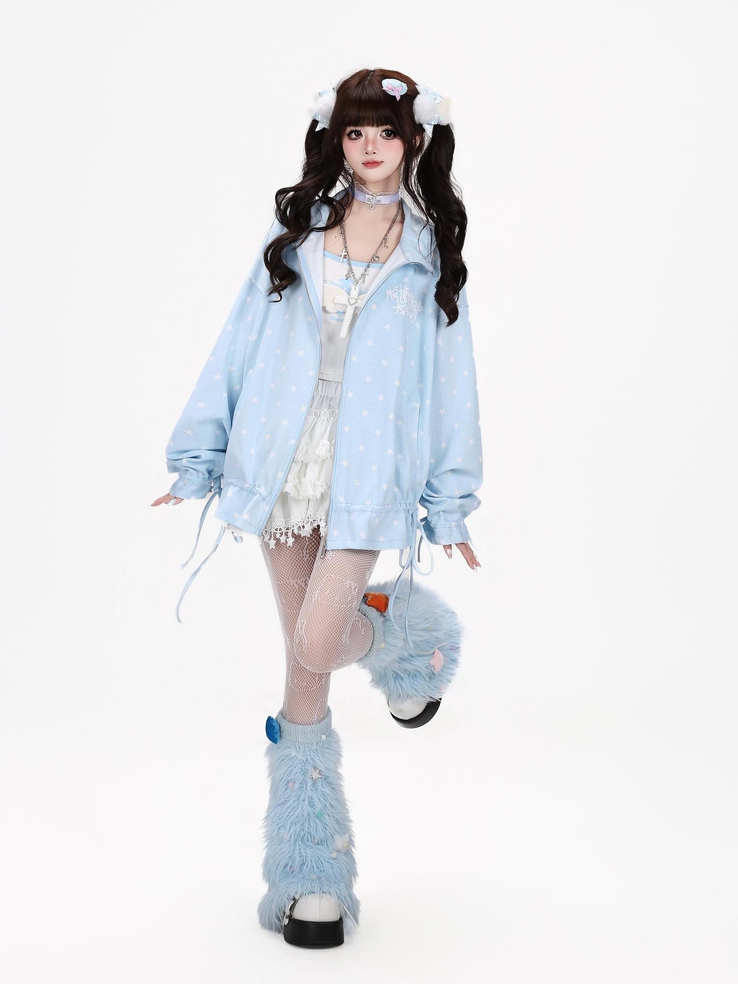 CRAZYGIRL Allover Star Print Stand Collar Zipper Drawstring Loose Women's Hoodies