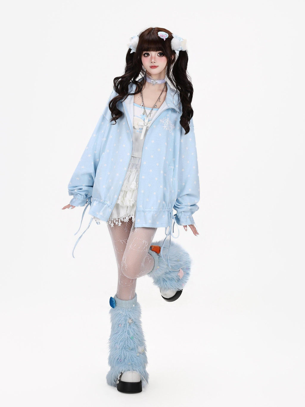 CRAZYGIRL Allover Star Print Stand Collar Zipper Drawstring Loose Women's Hoodies