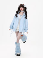 CRAZYGIRL Allover Star Print Stand Collar Zipper Drawstring Loose Women's Hoodies